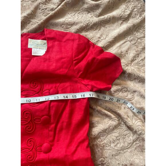 Vintage 80s linen red mini dress‎ embroidered details and layered hem 4 - Picture 6 of 9